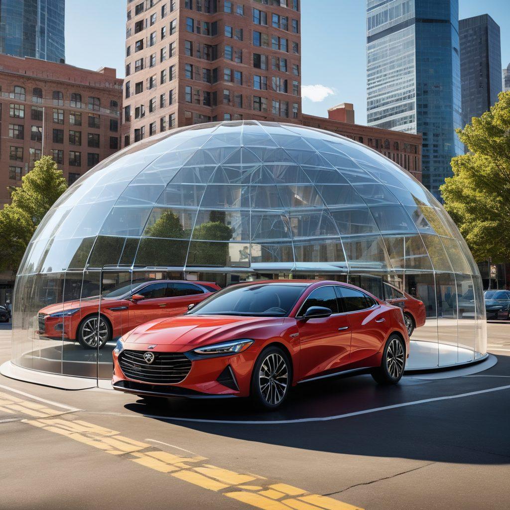 A sleek car parked under a protective dome surrounded by a matrix of insurance symbols like shields and locks. The background features a city skyline representing urban living with hints of security measures like cameras and alarms. The scene should convey a sense of security and reliability, emphasizing comprehensive and collision insurance. super-realistic. vibrant colors. 3D.