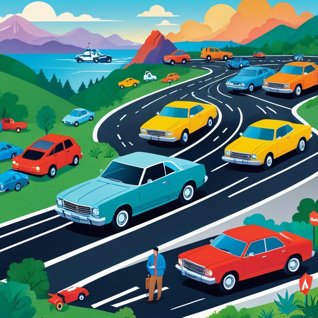 An engaging visual of a person thoughtfully examining an insurance checklist while surrounded by various vehicle icons, such as cars, trucks, and motorcycles. In the background, a vibrant landscape depicting a road and insurance symbols like dollar signs and shield icons. This scene emphasizes the theme of navigating vehicle insurance with clarity and confidence. colorful illustration. clean design. 3D.