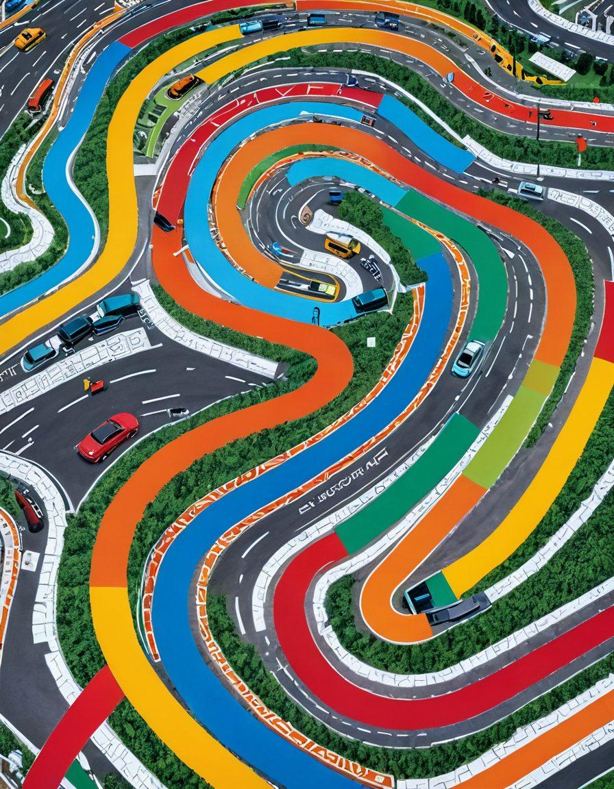 A vibrant maze made of car insurance documents and policies, with a central figure holding a magnifying glass, exploring different paths labeled with various affordable car insurance options. Bright colors reflecting a sense of guidance and clarity, alongside vehicles of diverse shapes and sizes parked at various junctions. Include arrows pointing towards affordable rates and engaging imagery of happy drivers. super-realistic. vibrant colors.